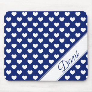 Your Custom Name Dark Blue And White Hearts Mouse Pad