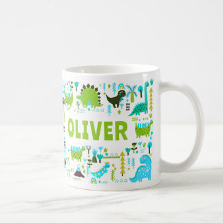 Your Custom Name Kids Cute Green Blue Dinosaurs Coffee Mug