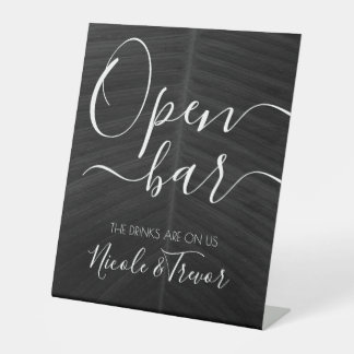 Your Custom Names: Black Leaf Open Bar Wedding Pedestal Sign