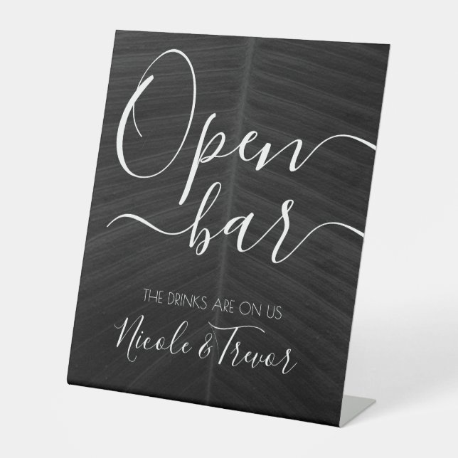 Your Custom Names: Black Leaf Open Bar Wedding Pedestal Sign (Front)