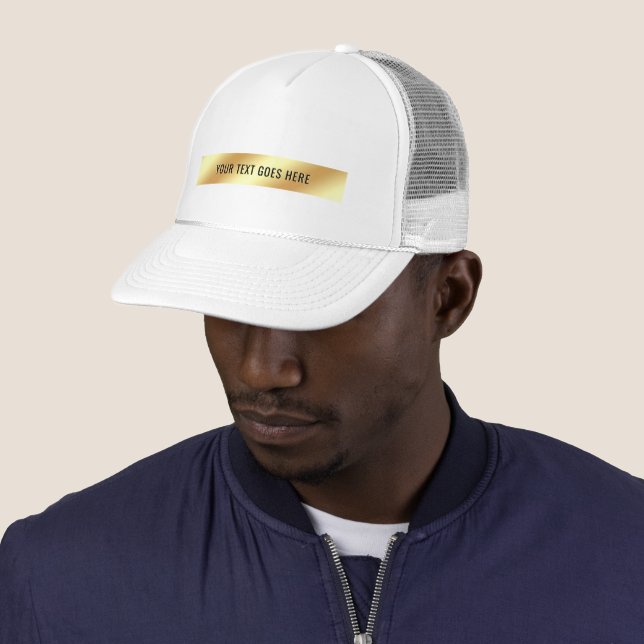 Your Custom Text Elegant Template Gold And White Trucker Hat (In Situ)