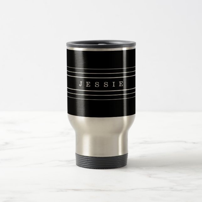 Your Custom Text & Modern Stripes | Black Travel Mug (Center)