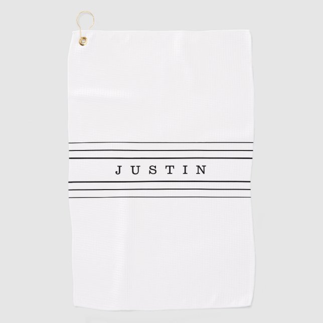 Your Custom Text & Modern Stripes | Black & White Golf Towel (Front)