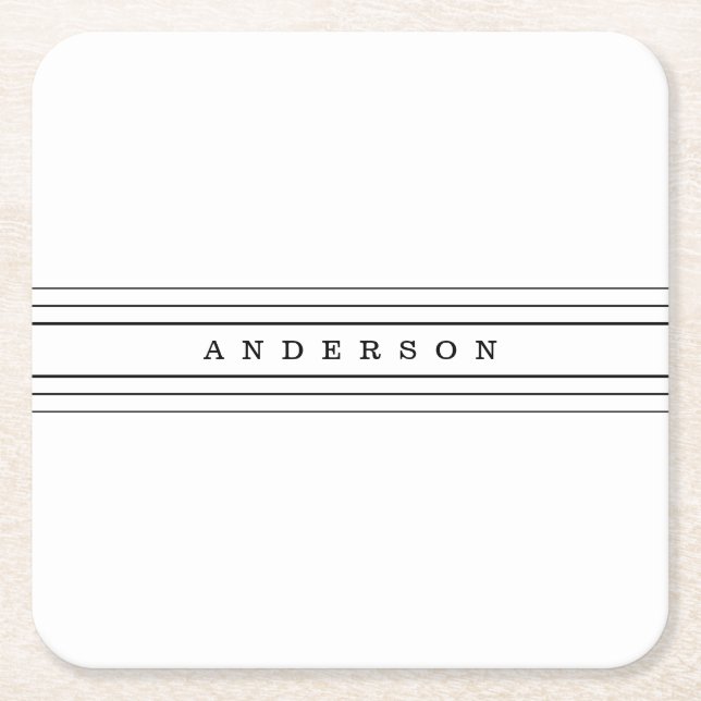 Your Custom Text & Modern Stripes | Black & White Square Paper Coaster (Front)