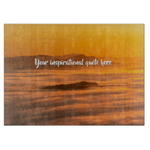 Your custom text sunrise above foggy landscape cutting board