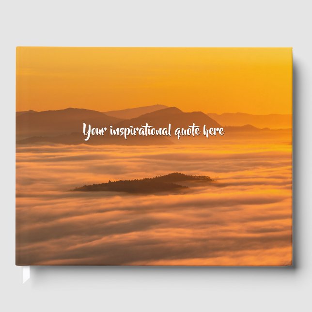 Your custom text sunrise above foggy landscape guest book (Front)