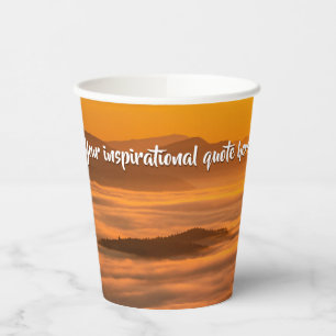 Your custom text sunrise above foggy landscape paper cups