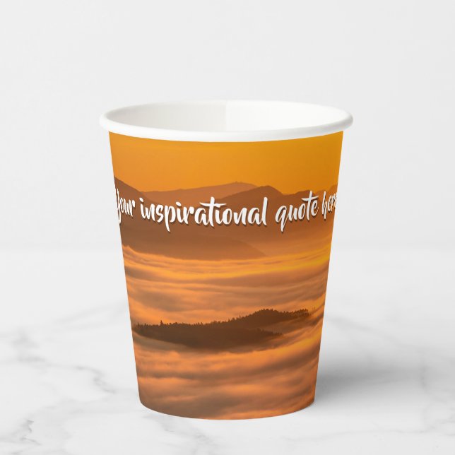 Your custom text sunrise above foggy landscape paper cups (Left)