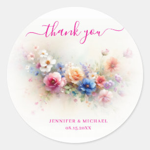 Your Custom Text Watercolor Flowers Thank You Classic Round Sticker