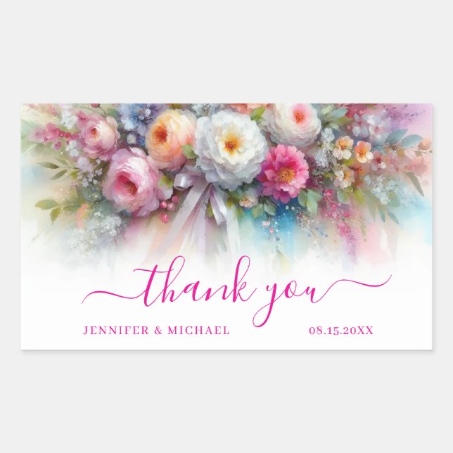Your Custom Text Watercolor Flowers Thank You Rectangular Sticker (Front)