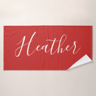 Your Custom White Script on Red Bath Towel