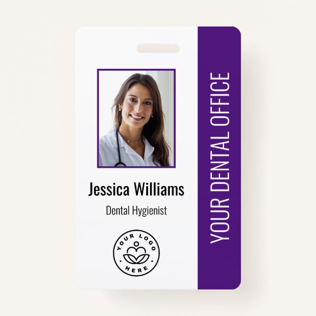 Your Dentist Office Logo Photo ID Purple ID Badge (Front)
