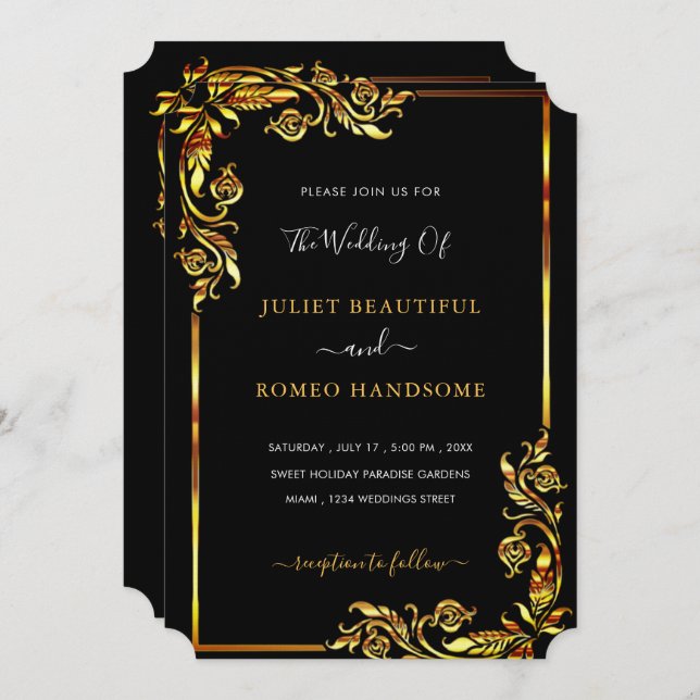 Your Design Black Gold Wedding Invitation Template (Front/Back)