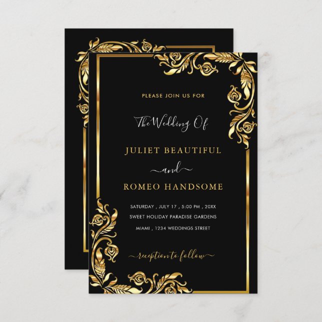 Your Design Black Gold Wedding Invitation Template (Front/Back)