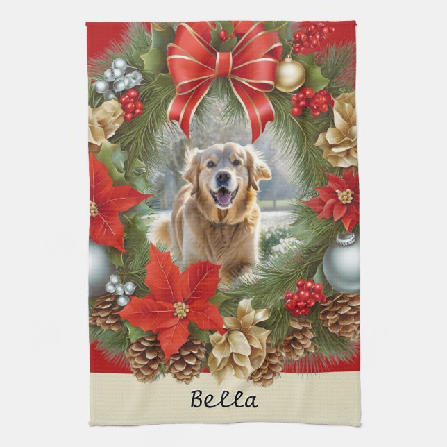 Your Dog Pet Photo Picture Festive Christmas Tea Towel (Vertical)