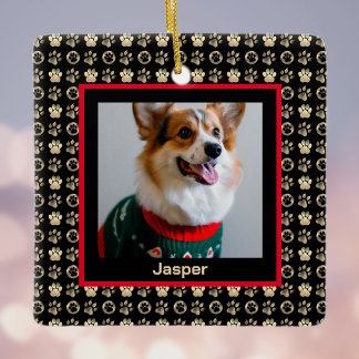 Your Dog Photo with Gold Pawprints on Black Ceramic Ornament