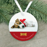 Your Dog's First Christmas | Red with Two Photos Ornament<br><div class="desc">This adorable holiday ornament says the name of your dog,  and that it's their first Christmas! You can add the year in the centre of the cute dog bone,  and add your puppy's photo to the front and another on the back.</div>