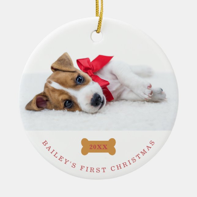 Your Dog's First Christmas | White with Two Photos Ceramic Tree Decoration (Front)