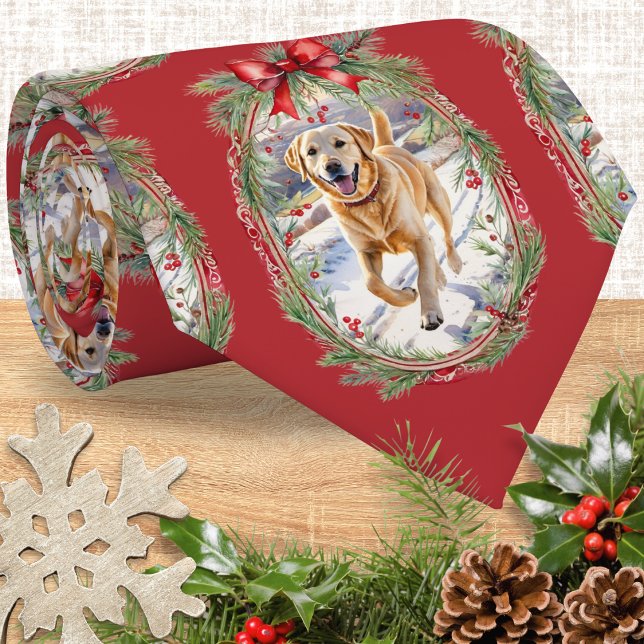 Your Dog's Photo Custom Men's Christmas Tie (A Christmas tie to customize with a favorite photo of your pet dog in a pattern of festive 'frames')