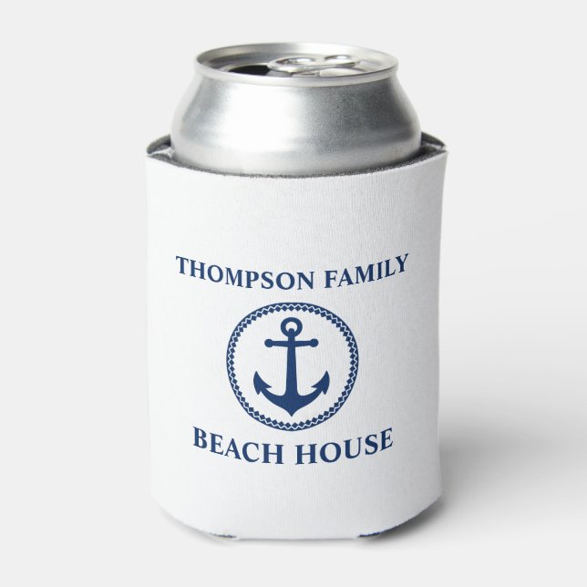 Your Family Name Beach House Sea Anchor White Blue Can Cooler (Can Front)