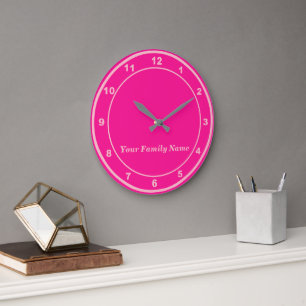 Your Family Name on Pink Round Wall Clock
