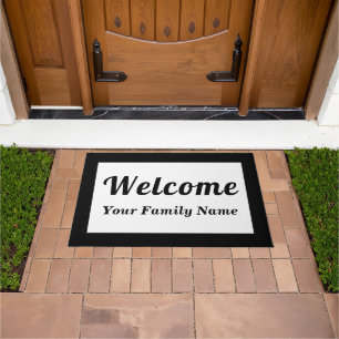 Your Family Name With Welcome on Black and White Doormat
