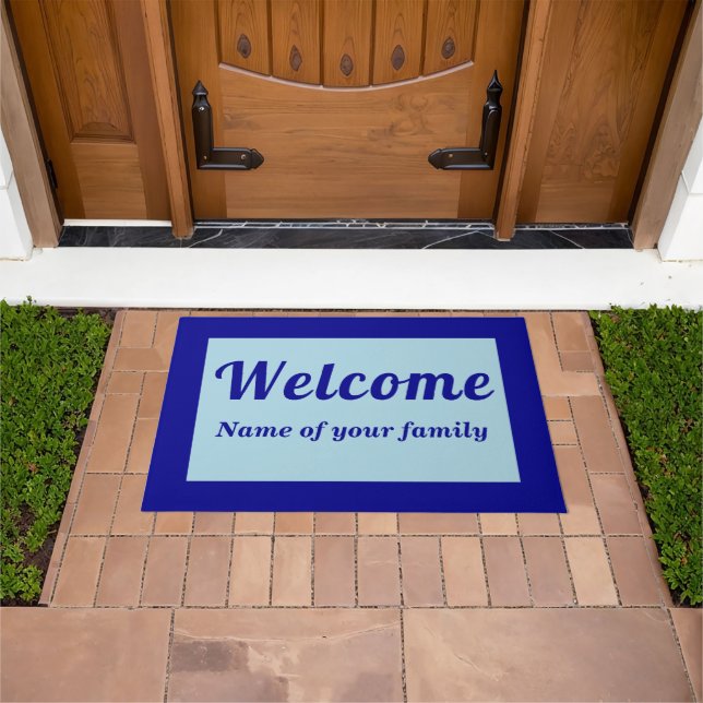 Your Family Name With Welcome on Blue Doormat (Outdoor)