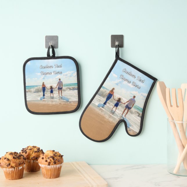 Your Family Photo and Custom Text Personalised Oven Mitt & Pot Holder Set (Insitu(Hanging))