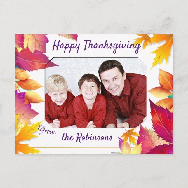 Your Family Photo Colorful Leaves Thanksgiving Holiday Postcard (Front)