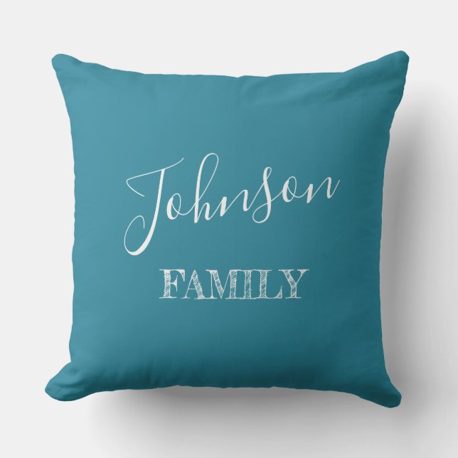 Your Family Teal Blue & White Personalized Cushion (Front)