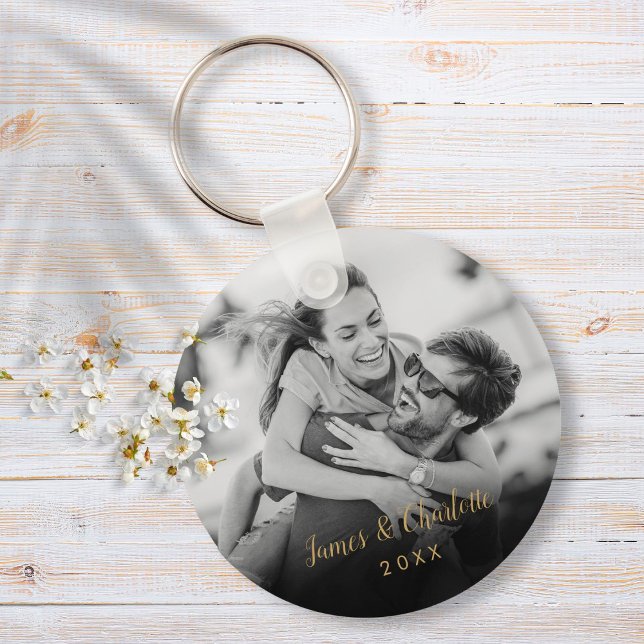 Your Favorite Couple Black and White Photo Gold Key Ring (Creator Uploaded)