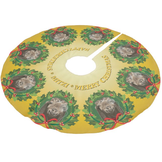 YOUR GOAT or PET  PHOTOS and NAME Christmas Gold Brushed Polyester Tree Skirt (Angled)