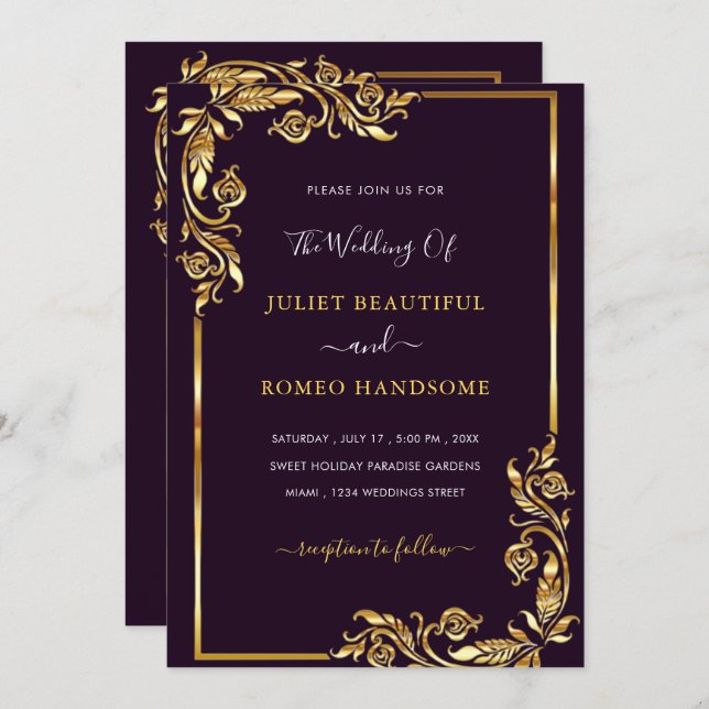Your Gold Floral Framed Black Wedding Invitation (Front/Back)