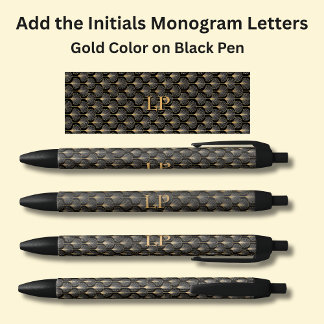 Your Initials Monogram Gold Geometric on Black Black Ink Pen