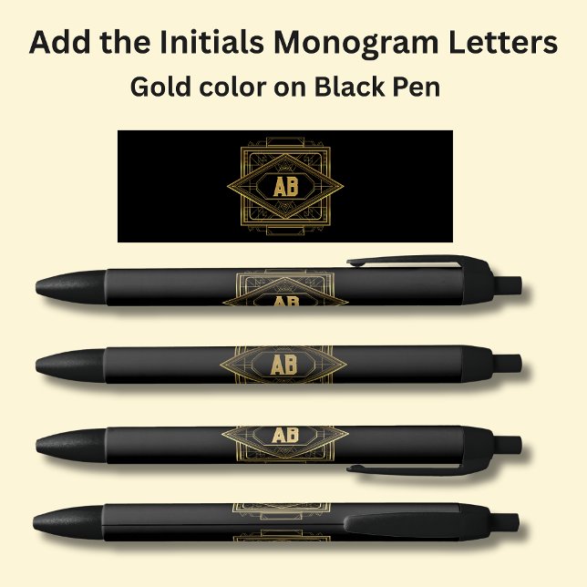 Your Initials Monogram Gold Geometric on Black Black Ink Pen (Creator Uploaded)
