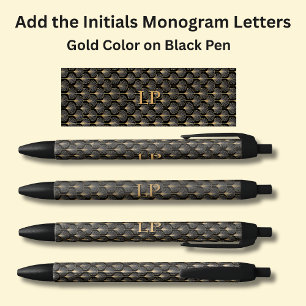 Your Initials Monogram Gold Geometric on Black Ink Pen