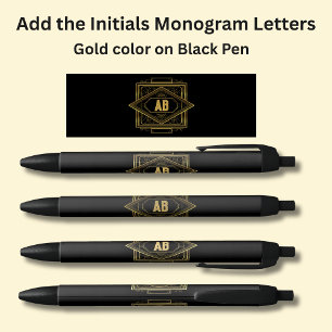 Your Initials Monogram Gold Geometric on Black Ink Pen