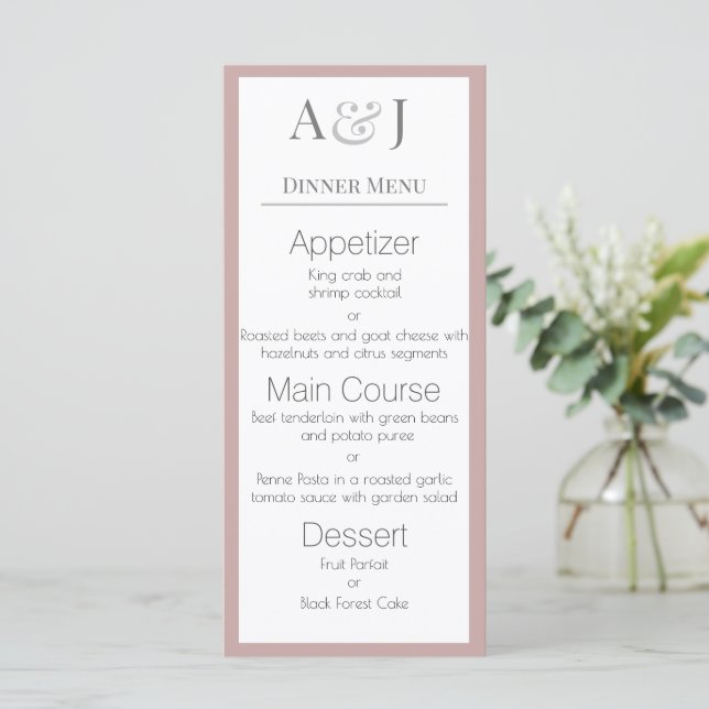 Your Initials on Dusty Rose Modern and Elegant Menu (Standing Front)