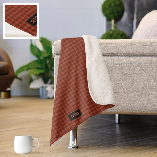 Your Initials on Knitted Look Plaid - Burnt Orange Sherpa Blanket (Creator Uploaded)