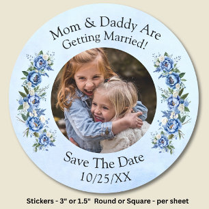 Your Kids Photo Mum Dad Getting Married Blue Peony Classic Round Sticker