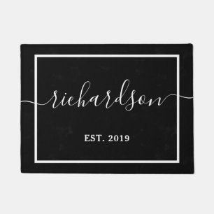 Your Last Name in Script with Year   Black Doormat