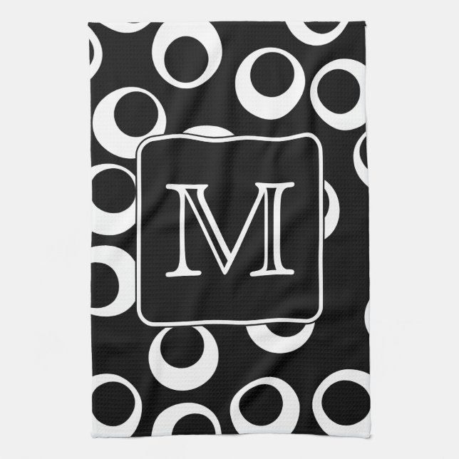Your Letter. Black and White Monogram. Fun Pattern Tea Towel (Vertical)