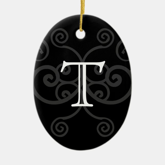 Your Letter. Black / White Swirl Monogram. Custom Ceramic Tree Decoration (Front)