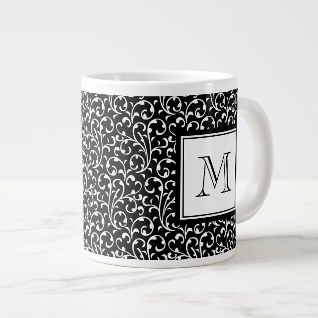 Your Letter. Custom Monogram. Black White Swirls Large Coffee Mug (Front Right)