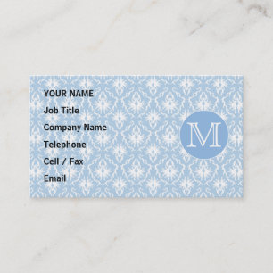 Your Letter, Monogram. Pale Blue Damask Pattern. Business Card