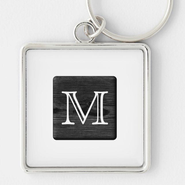 Your Letter Monogram. Picture of Black Wood. Key Ring (Front)
