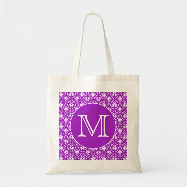 Your Letter. Purple and White Damask Pattern. Tote Bag (Front)