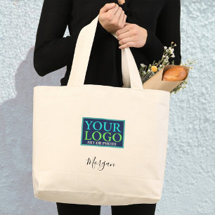 Your Logo/Art/Photo, Black Script Name Large Tote Bag