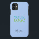 Your Logo/Art/Photo, Name Black Script, Pale Blue Case-Mate iPhone Case<br><div class="desc">Personalise with your Company Logo,  Art or Photo and name in black script on Pale Blue background. Click “Customise” to change colours and type styles.</div>