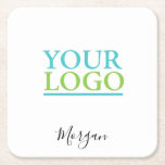 Your Logo/Art/Photo, Name Black Script, White Square Paper Coaster<br><div class="desc">Personalise with your Company Logo,  Art or Photo and name in black script on white background. Click “Edit Using Design Tool” to change colours and type styles.</div>